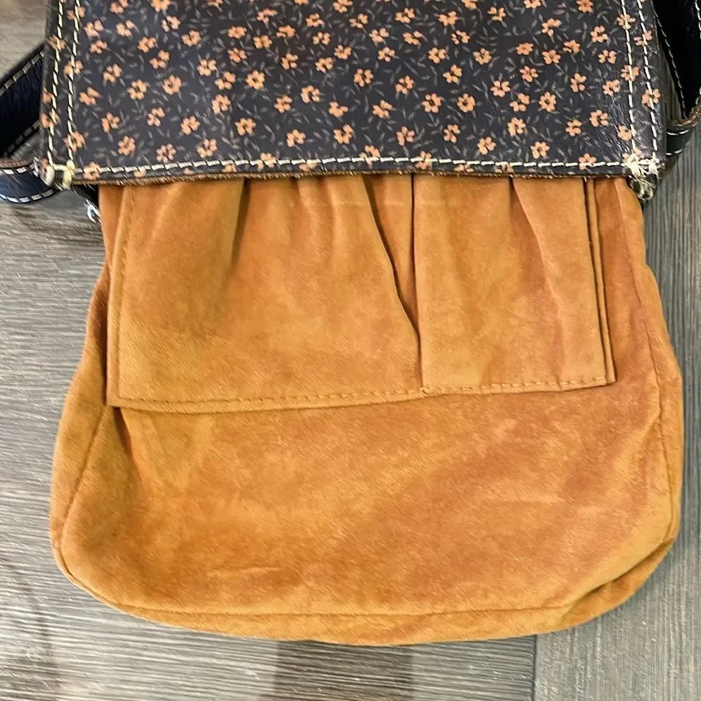 Patrica Nash Venezia Pouch Denim Daises Print, Navy Blue Leather Crossbody